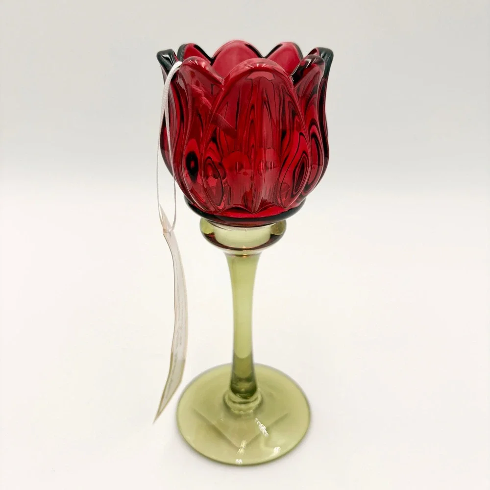 Cupcakes and Cashmere Red Tulip Glass Tea Light Candle Holder Green Stem